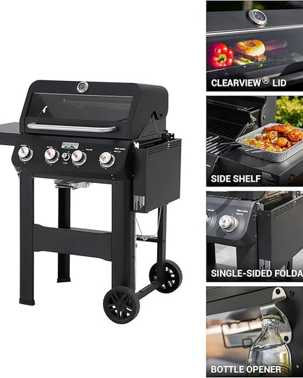 Monument Grills 4-Burner Liquid Propane Gas Grill, Matte Black Stainless Steel Burner Grill with Clearview® Lid and One Foldable Shelf for Outdoor Cooking Kitchen Patio Backyard Barbecue, Mesa420MF