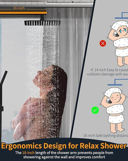 SR SUN RISE Black Square Rainfall Shower Head and Handle Set, Wall Mounted Shower Fixtures, Metal Shower Faucet Trim Repair Kits (With Shower Valve)