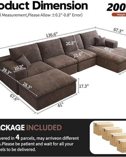 136.6'' U-Shaped Modern Modular Sectional Cloud Couch Whit Ottoman, 4-Seat Chenille Deep-Seat Sofa with Pillow for Living Room, Bedroom, Apartment, Camel