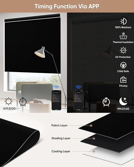 Kincmo Motorized Blinds with Remote,100% Blackout Motorized Roller Shades Work with Apple Homekit,Alexa,Google, Custom Electric Blinds with App,Voice Control (Vinyl Black)