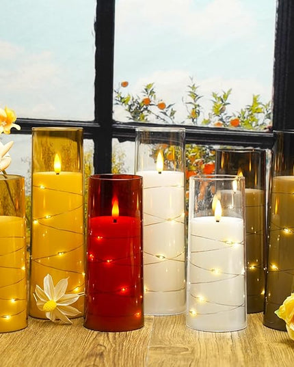 Flickering Flameless LED Candles,Battery Operated Candles 9 Pcs with Embedded Star String,Acrylic LED Pillar Candles with Remote,Suitable for Home Decoration to Create an Atmosphere（Red）