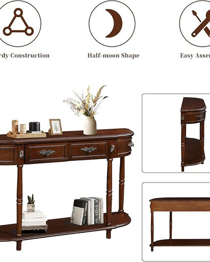 HMFULE Retro Curved Console Table, 52" Half Moon Console Table Sofa Table Entryway Table with 2 Drawers 1 Open Shelf Solid Pine Legs for Living Room,Entryway,Hallway,Cherry