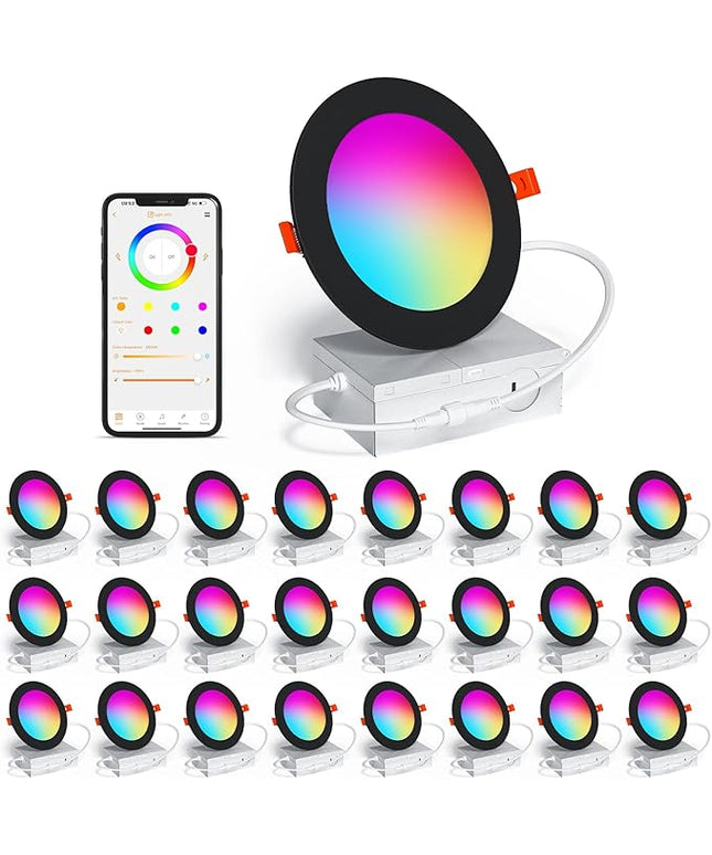 Black 24 Pack Smart Recessed Lighting 4 Inch RGBCW Color Changing 12W LED Downlight with Junction Box,1000 Lumen Recessed Ceiling Light Compatible with Alexa,Dimmable by Bluetooth Control