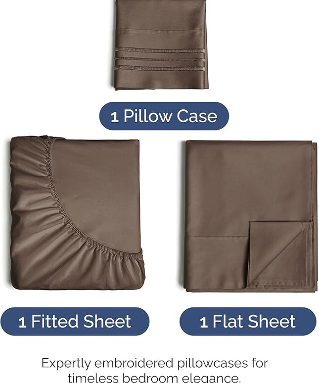 Twin Size 3 Piece Sheet Set - Comfy Breathable & Cooling Bed Sheets Set - Hotel Luxury Bedding for Women, Men, Kids, Teens, Boys & Girls - Deep Pockets, Ultra-Soft and Wrinkle Free - Oeko-Tex - Brown