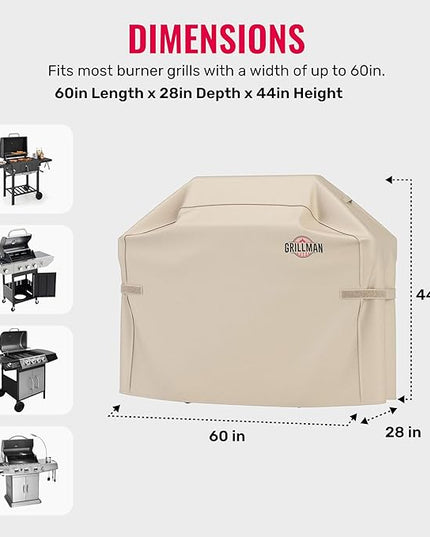 Grillman Grill Cover, BBQ Outdoor Grill Covers, Charcoal, Gas Grills, Waterproof, Rip-Proof, Weather-Resistant, Anti-UV, Barbecue Cover for Weber, Genesis, Charbroil, Nexgrill, etc (Tan, 60 Inch)