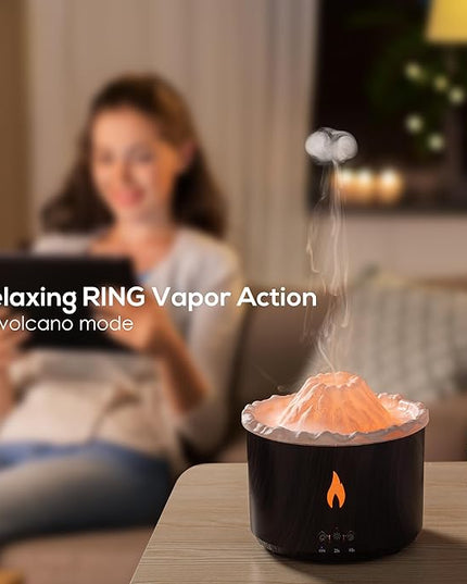 300ml Essential Oil Diffuser, Volcano Flame Aromatherapy Diffusers Fragrant Humidifier Vaporizer with Remote Control, Night Lights, Timer Auto Off for Bedroom Home Office (Dark Wood Grain)