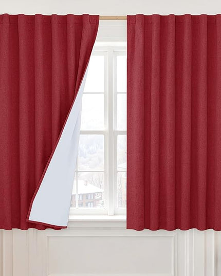 LAMIT Red 100% Blackout Window Curtains for Bedroom, 45 Inches Linen Textured Thermal Christmas Decor Drapes Back Tab and Rod Pocket Window Panels with White Liner, 2 Panels, 52 x 45 Inch