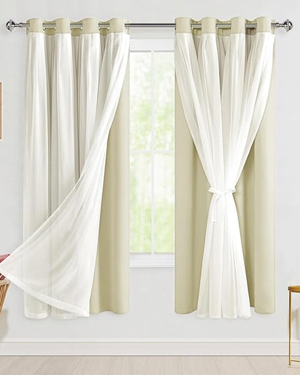 Hiasan Blackout Curtains with Sheer Overlay, Thermal Insulated Privacy Mix and Match Double Layer Window Curtains for Bedroom, Living Room, 2 Drape Panels Sewn with Tiebacks, Light Beige, 52W X 63L