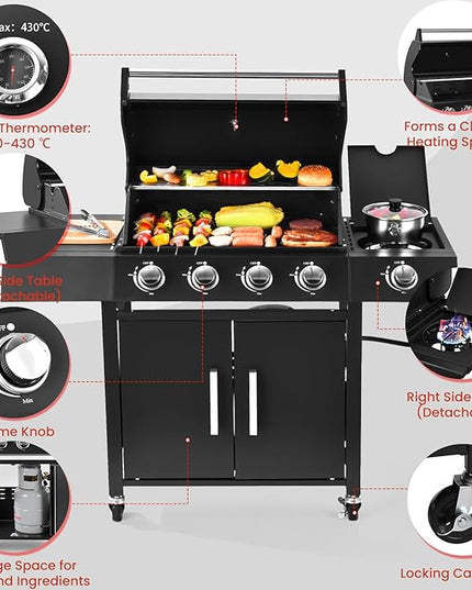 Q043-4-Burner w/Side Burner Gas Grill with 292 SQ.IN. Outdoor Grill with 44,000 BTU,Propane Grills with Top Cover Lid,Grills Outdoor Cooking for Patios,Camping,Balcony,Garden