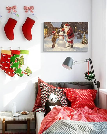 YONICA Christmas Wall Decor Santa Canvas Wall Art Home Decorations 18x12 Inches - Santa Pictures Santa Claus and Children Building a Snowman Christmas Pine Tree Prints Winter Painting Xmas Artworks