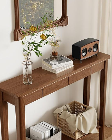 AQIMUELE Wood Console Table with Drawers, Mid Century Modern Console Table Walnut for Entryway, Living Room, Hall Way.