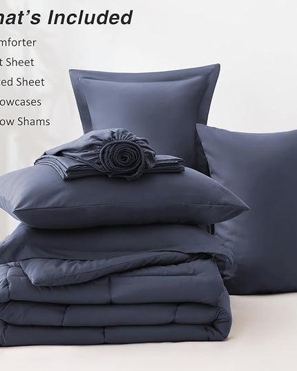 Love's cabin King Size Comforter Set Indigo Blue, 7 Pieces King Bed in a Bag, All Season Bedding Sets with 1 Comforter, 1 Flat Sheet, 1 Fitted Sheet, 2 Pillowcase and 2 Pillow Sham