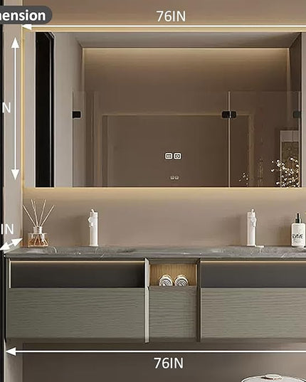 76IN Wood Bathroom Vanity - Double Sink Bathroom Vanity with Sink | Includes LED Intelligent Defogging Mirror Cabinet, 3 Drawers | Intelligent Induction Light & Integrated Double Sinks, Grey