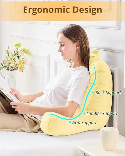Sasttie Reading Pillow, Velvet Back Pillow for Bed Sitting Up, Adult Back-Rest Support Cushion with Arms for Sit Up on Couch, Sofa, and Floor, Dorm Essentials, Reading Accessories, Light Yellow