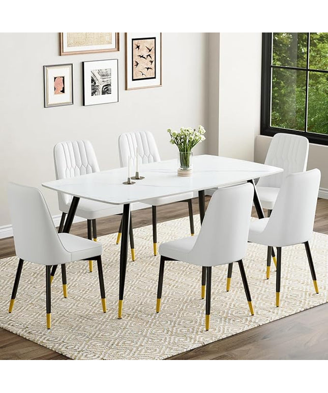 7 Piece Modern Dining Set, 62'' Sintered Stone Dinner Table for 6, 6 Chairs, Easy to Assemble