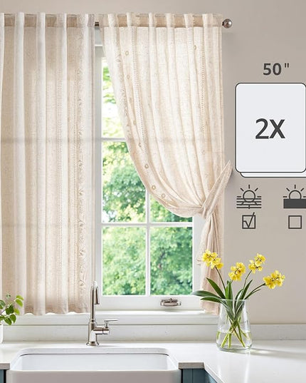jinchan Winslow Linen Curtains 54 Inch Length Small Window Curtains Embroidered Bordered Floral Drapes Light Filtering for Bathroom Laundry Room Kitchen Farmhouse Decor White on Beige 2 Panels