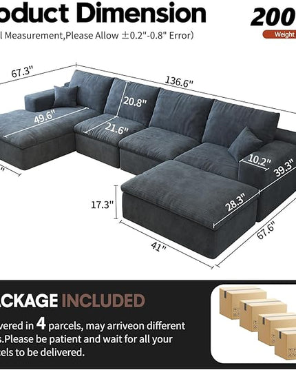 136.6'' U-Shaped Modern Modular Sectional Cloud Couch Whit Ottoman, 4-Seat Chenille Deep-Seat Sofa with Pillow for Living Room, Bedroom, Apartment, Ocean Blue