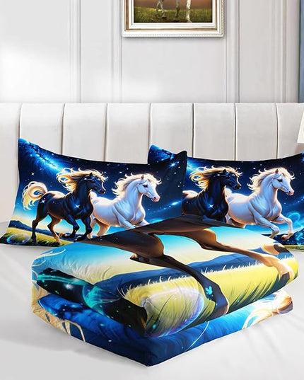Western Bedding Sets Queen Size,Farmhouse Animal Theme Prairie Galloping Horse Comforter Set for Kids Girls Boys Room Decor,Dreamy Starry Sky Background Bedding Set with 2 Pillowcases.