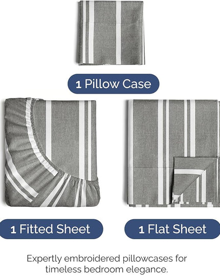 Twin Size 3 Piece Sheet Set - Comfy Breathable & Cooling Bed Sheets Set - Hotel Luxury Bedding for Women, Men, Kids, Teens, Boys & Girls - Deep Pockets, Soft, Wrinkle Free - Oeko-Tex - Grey Stripes 3
