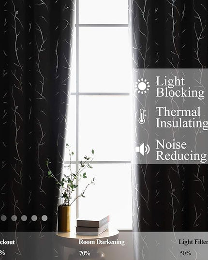 BUHUA Black Out Curtains 108 Inch Long 2 Panels, Soundproof Curtains with Elegant Silver Tree Branches Print, Heat Blocking Curtains for Livingroom, 52W x 108L, Light Grey