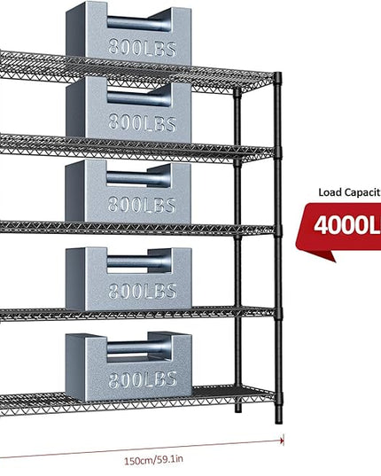 IZEUK 5-Tier Adjustable Heavy Duty Metal Storage Shelving Unit, Wide Utility Rack Organizer for Garage, Basement, Kitchen, Office, Warehouse (Black, 17.7" D x 59.1" W x 70.9" H)