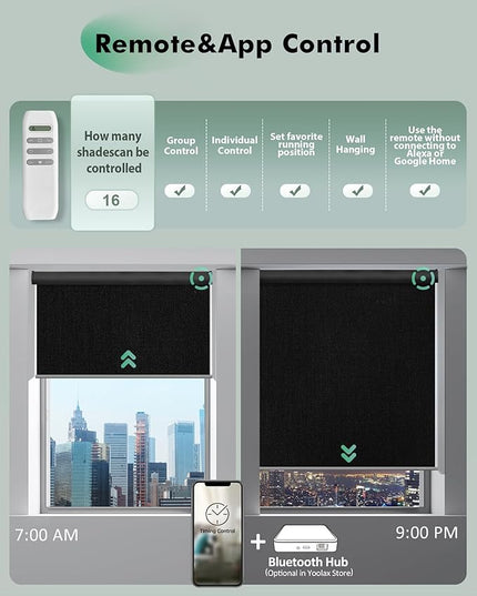 Yoolax Motorized Blinds with Remote, Blackout Remote Shades for Windows, Automatic Roller Shades Cordless Electric Blinds for Bedroom Living Room Office, Custom Size (Fabric Black)