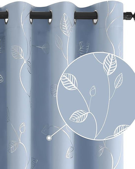 BUHUA Heat Blocking Curtains, Black Out Curtains 63 Inch Long 2 Panels Burg, Soundproof Curtains with Silver Leaf Printed (52 x 63 Inch, Baby Blue, Set of 2 Panels)