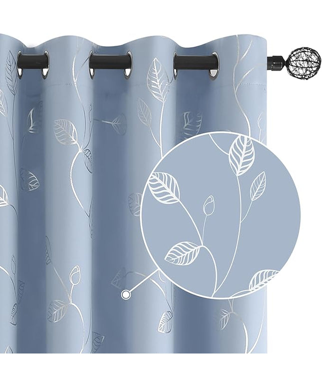 BUHUA Heat Blocking Curtains, Black Out Curtains 63 Inch Long 2 Panels Burg, Soundproof Curtains with Silver Leaf Printed (52 x 63 Inch, Baby Blue, Set of 2 Panels)