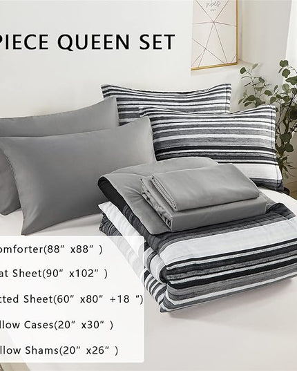 KAKIJUMN 7 Piece Bed in a Bag Stripe Comforter Set Queen Size, White Grey Black Patchwork Striped Comforter and Sheet Set, All Season Soft Microfiber Complete Bedding Sets(Grey,Queen)