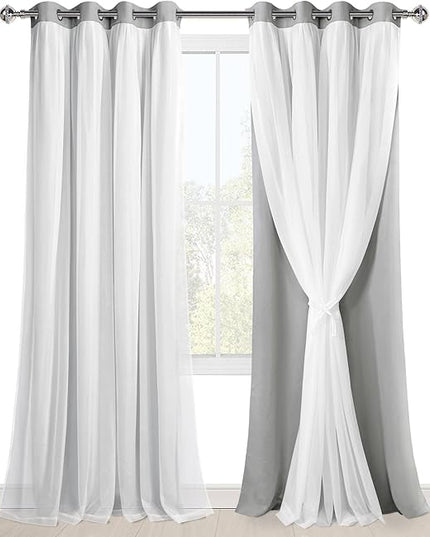 Hiasan Extra Long Blackout Curtains with Sheer Overlay Thermal Insulated Double Layer Curtains for Bedroom Living Room, 2 Panels with Tiebacks, Silver Grey, 52W X 120L
