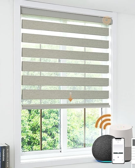 Cordless Motorized Zebra Blinds for Windows Blackout with Remote, Custom Dual Layer Smart Zebra Shades Work with Alexa Google, Automatic Electric Light Filtering Roller Sheer Shades, Warm Grey