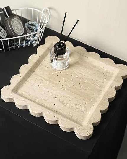 Natural 100% Marble Vanity Tray Luxury Scalloped Marble Tray, Travertine Tray for Home Decor Bathroom Kitchen Candle Key (Square-9.8 * 9.8-Beige Travertine)