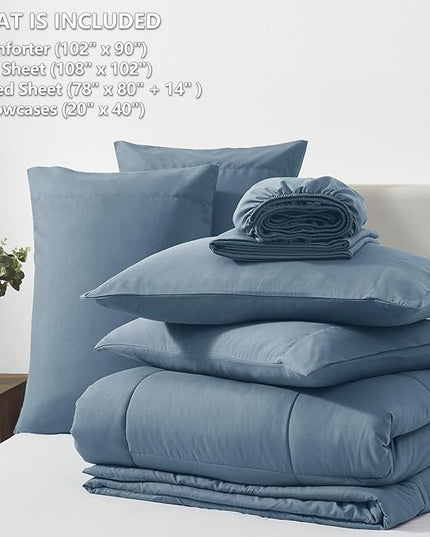 CozyLux King Size Comforter Set Mineral Blue, 7 Pieces Bed in a Bag, Blue Comforter King Size, All Season Bedding Sets with Stitch Quilted Comforter, Flat Sheet, Fitted Sheet, Pillowcases