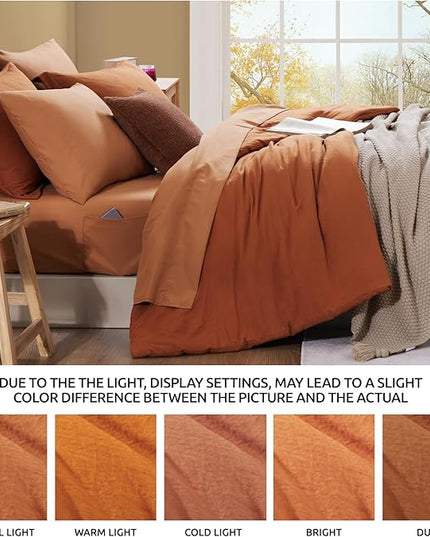 WRENSONGE Queen Comforter Set- 7 Pieces Soft Burnt Orange Bed in a Bag with Fitted Sheet, Flat Sheet, 2 Shams, and 2 Pillowcases-Warm Bed Sets Fall Comforter for All Seasons