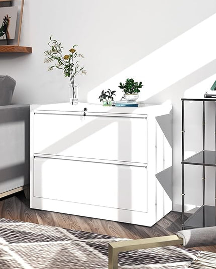 File Cabinets 2 Drawer, Metal Office Storage Filing Cabinet with Lock, White Lateral Filing Cabinet for Home Office,Horizontal Two Drawer File Cabinets for Legal/Letter,Assembly Require,White
