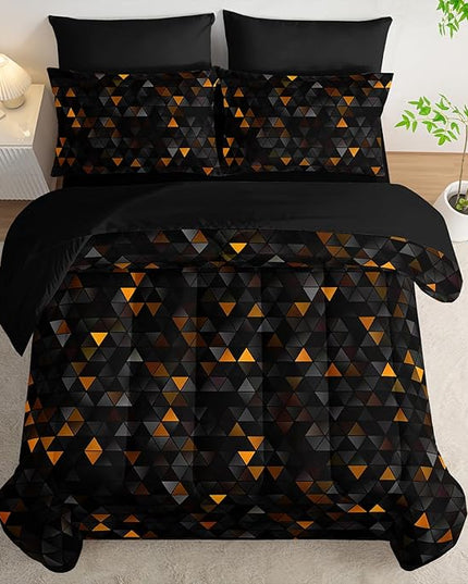 Geometric Yellow Black Triangle Queen Size Comforter Set,Light Honeycomb Bedding Set 7 Piece in A Bag,Bed Sheet Set Geometry Decor,Microfiber Lightweight All Season