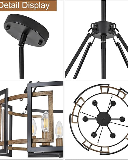 6-Light Drum Chandelier for Dining Room，23.6" Rustic Farmhouse Dining Room Light Fixture，Wood Grain and Vintage Black Metal Chandeliers for Kitchen Entryway Living Room