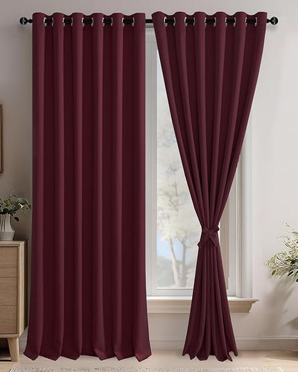 JIUZHEN Burgundy Blackout Curtains with Tiebacks Thermal Insulated, Light Blocking and Noise Reducing Grommet Curtains for Bedroom and Living Room, Set of 2 Window Curtain Panels, 70 x 96 Inch Length