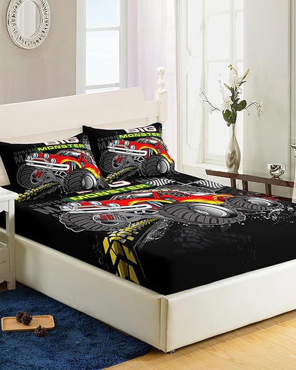 AILONEN Truck Fitted Sheet Twin Size, Monster Trucks Bedding Set for Kids Boys,Offroad Automobile Extreme Sport Theme Bed Sheet Set,3 Pieces,Soft Breathable Fitted Sheet and 2 Pillowcases
