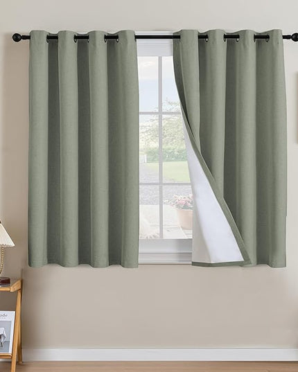 H.VERSAILTEX Linen Curtains 100% Blackout Curtains for Bedroom 45 inch Long Full Light Blocking Nature Linen Blended Window Curtains for Living Room Nickel Grommet (2 Panels, Heathered Dried Sage)