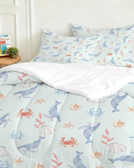 Whale Bedding Set Twin Size Light Blue Boys Ocean Comforter Set Twin Size Marine Life Bed Set Crab, Shell, Starfish Pattern Bedding for Kids Cute Ocean Quilt Set with 1 Comforter+ 1 Pillowcase