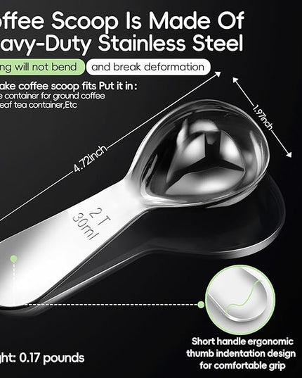 Coffee Scoop set,1&2Tablespoon Measuring spoon (2pieces) Ergonomic sdesign stainless steel manufacture,Coffee Scoop for Ground Coffee, Fits inside Airscape Canisters. (1TBSP&2TBSP(15ML&30ML))