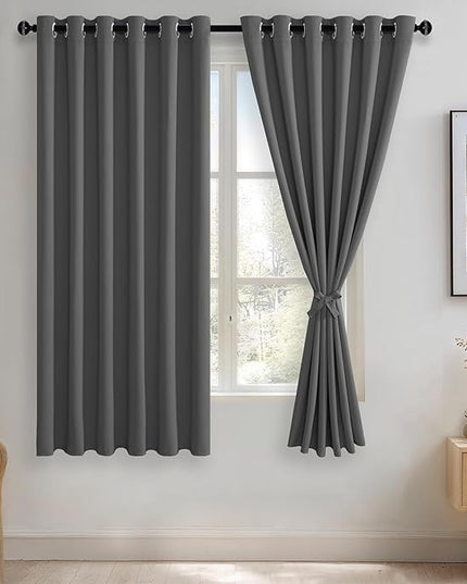 JIUZHEN Dark Grey Blackout Curtains with Tiebacks Thermal Insulated, Light Blocking and Noise Reducing Grommet Curtains for Bedroom and Living Room, Set of 2 Window Curtain Panels, 70 x 63 Inch Length