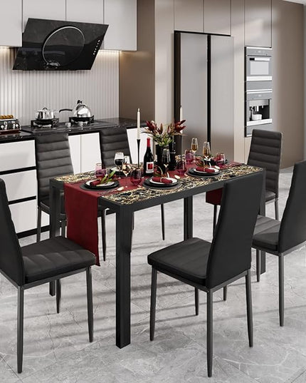 Gizoon Glass Dining Table Sets for 6, 7 Piece Kitchen Table and Chairs Set for 6 Person, PU Leather Modern Dining Room Sets for Home, Kitchen, Living Room