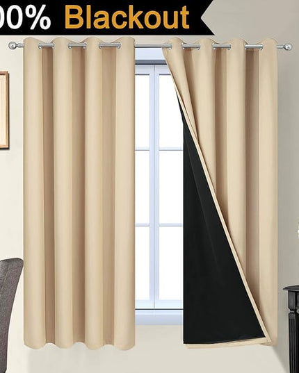 Yakamok Home Decor Thermal Insulated Full Blackout Drapes, 2-Layer Lined 100% Blackout Curtains with Black Liners, Energy Efficiency Window Draperies for Bedroom(52Wx63L, Beige, 2 Panels)