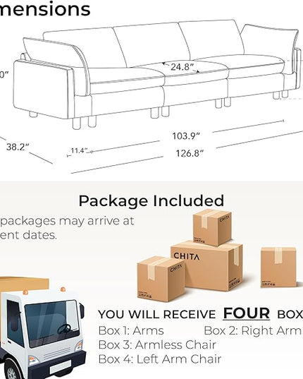 CHITA 127" Super Large Sectional Couches for Living Room, Modular Cloud Couch Sectional Sofa, Premium Fabric Couches, Down Filled, High Density Foam, Chenille in Beige, 3 Seater