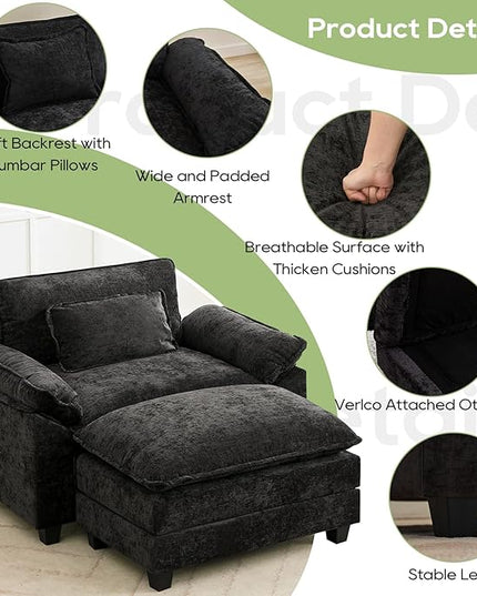 53" Modular Sectional Sofa, Comfy Cloud Couch Sectional Sofa with Ottoman, Chenille Sofa Sleeper Deep Seat Sofa with Throw Pillows for Living Room (Black)