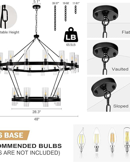 48" Modern High Ceiling Chandelier, 2 Tier Wagon Wheel Chandelier with Glass Shade, 24-Lights Large Round Modern Farmhouse Pendant Lighting Fixture for Dining Room, Living Room,Kitchen, Foyer