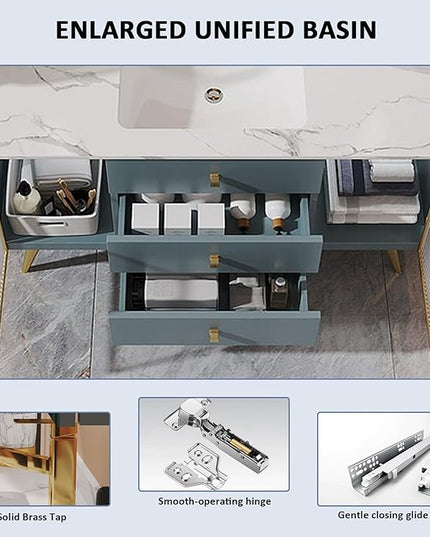 40IN Bathroom Vanity - Bathroom Vanity with Sink Set with Transparent Glass Cabinet Door, Mirror Cabinet Intelligent Demisting & LED Lights | Gold Bathroom Vanity Cabinet with Copper Faucet