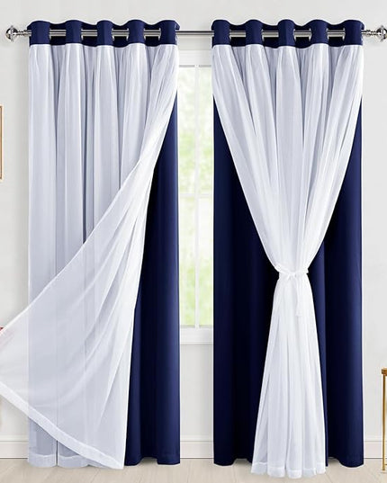Hiasan Blackout Curtains with Sheer Overlay 84 Inches Long, Thermal Insulated Mix & Match Double Layer Window Curtains for Bedroom, Living Room, Nursery, 2 Panels with Tiebacks, Navy Blue, 60W X 84L